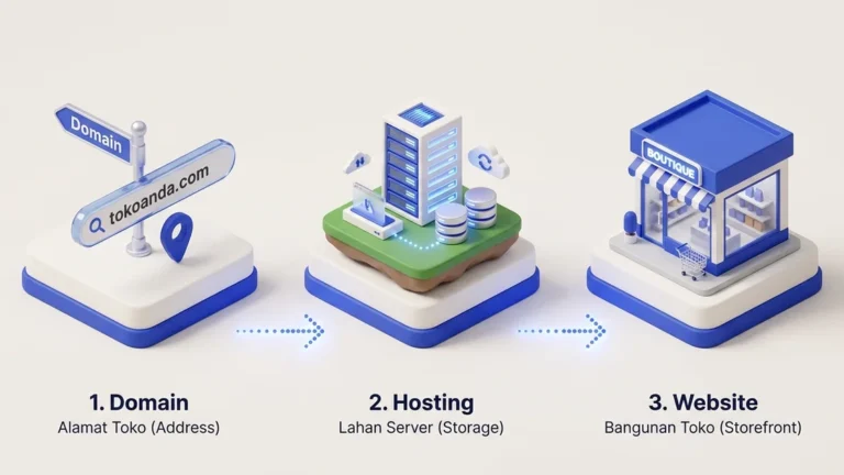 Apa beda domain, hosting, dan website: diagram perbandingan alamat toko, server, dan bangunan fisik