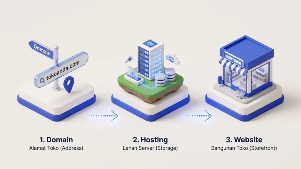 Diagram 3D sederhana perbedaan dan hubungan domain, hosting, dan website dengan analogi toko fisik