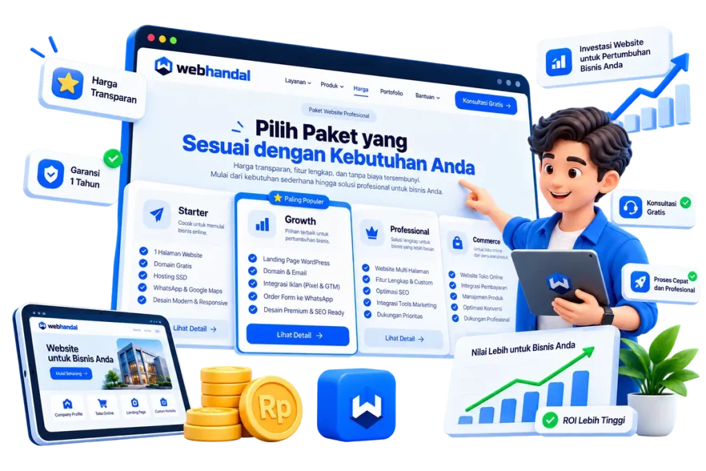 Ilustrasi harga jasa pembuatan website Webhandal: pilihan paket website dengan harga transparan dan garansi 1 tahun