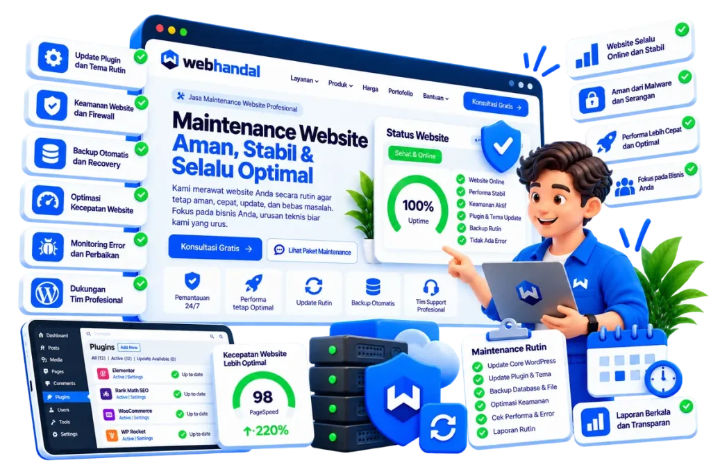 Ilustrasi jasa maintenance website: update plugin, backup, keamanan, dan pemantauan website rutin