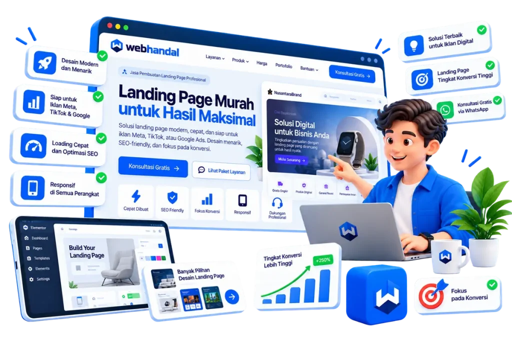 Ilustrasi jasa pembuatan landing page murah yang siap untuk iklan Meta, TikTok, dan Google