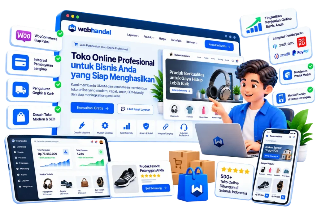 Ilustrasi jasa pembuatan toko online: katalog produk, pembayaran, ongkir, dan dasbor penjualan