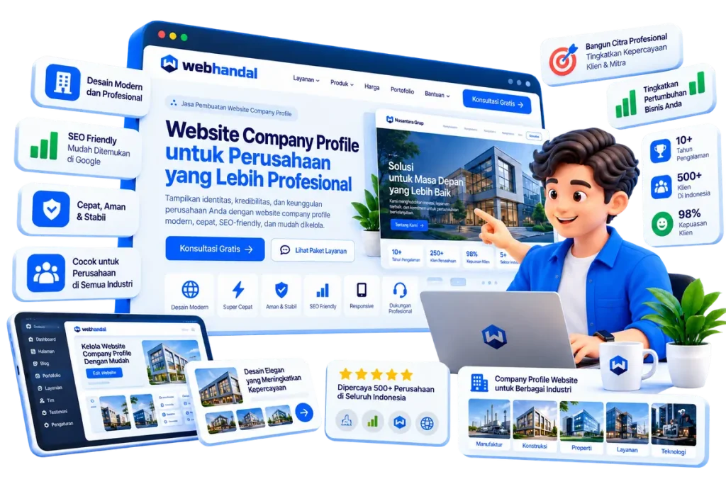 Ilustrasi jasa pembuatan website perusahaan: tampilan website company profile untuk berbagai industri