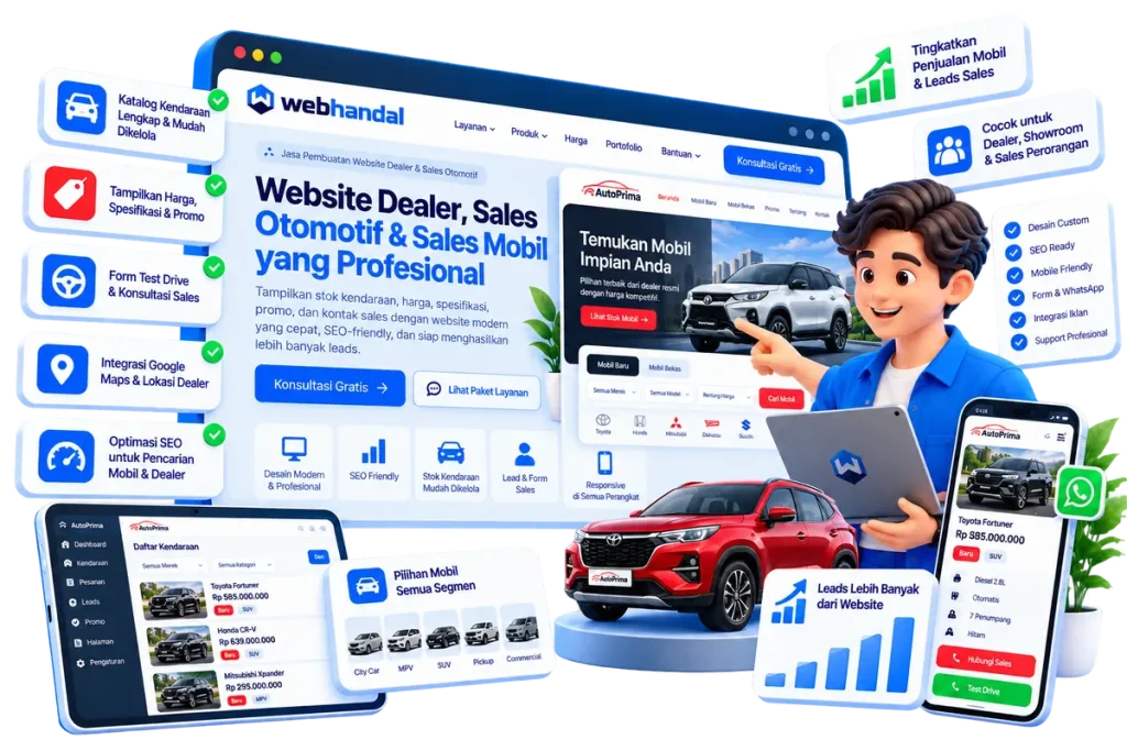 Ilustrasi jasa pembuatan website sales otomotif: katalog mobil, harga, promo, dan form test drive
