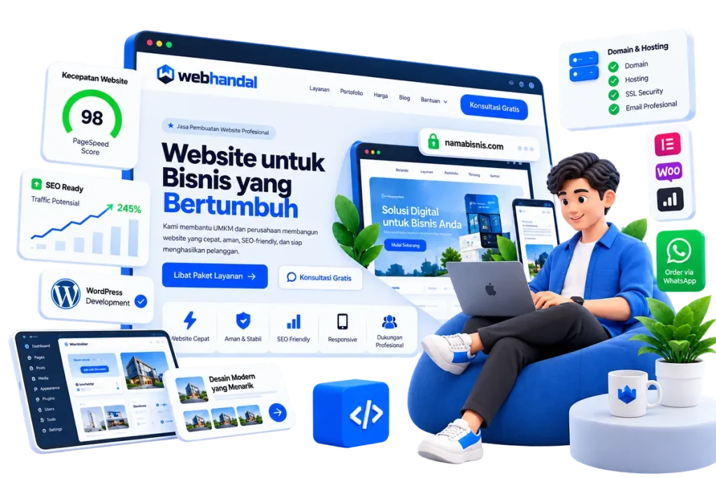 Ilustrasi jasa pembuatan website Webhandal: website bisnis dengan domain, hosting, SSL, dan tombol WhatsApp