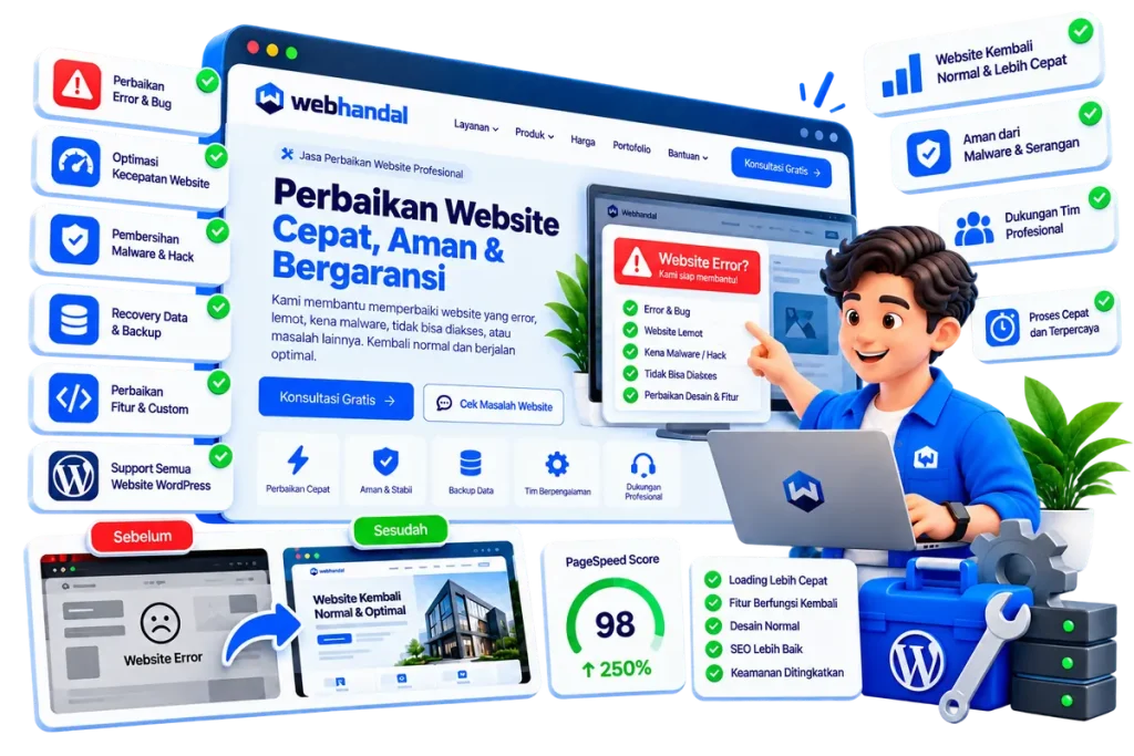 Ilustrasi jasa perbaikan website: memperbaiki error, website lemot, dan malware hingga normal kembali