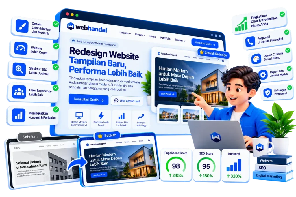 Ilustrasi jasa redesign website: perbandingan tampilan website sebelum dan sesudah didesain ulang