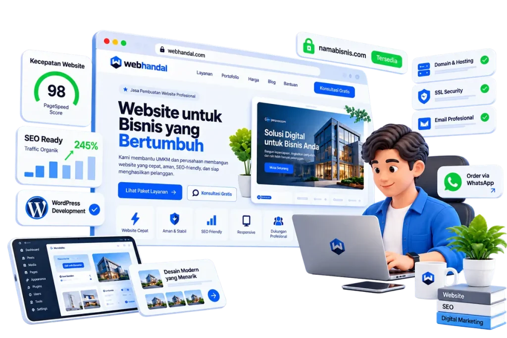 Ilustrasi jasa web design murah untuk UMKM: website bisnis dengan domain, SSL, dan email profesional
