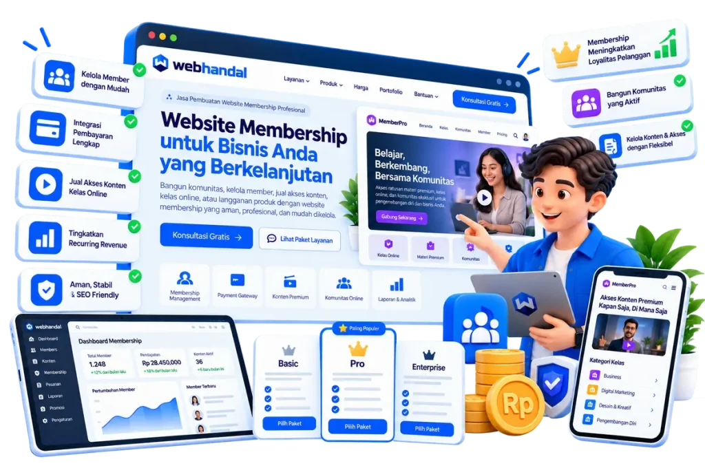 Ilustrasi jasa web membership: dasbor anggota, konten premium, kelas online, dan pembayaran