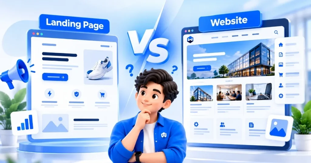 Perbandingan landing page vs website: Handi mempertimbangkan landing page produk vs website multi-halaman Webhandal