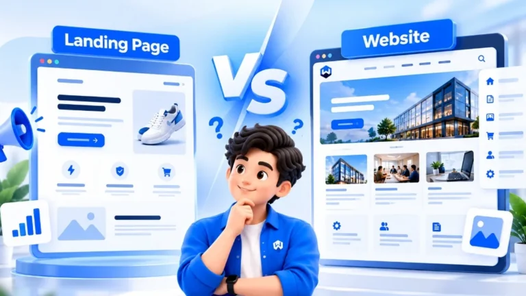 Perbandingan landing page vs website: Handi mempertimbangkan landing page produk vs website multi-halaman Webhandal
