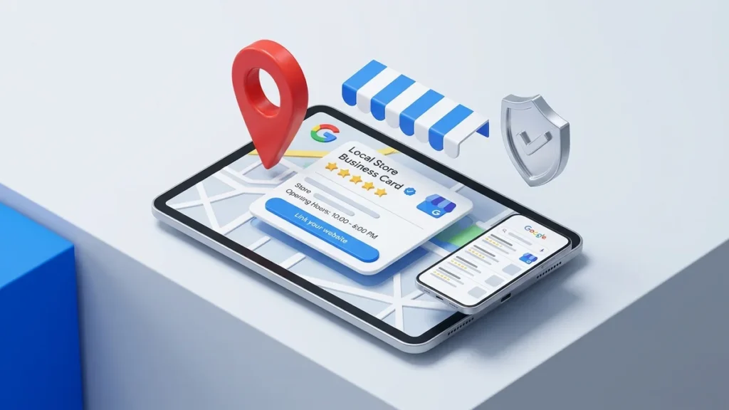 Ilustrasi mockup pendaftaran Google Business Profile di Google Maps untuk bisnis lokal