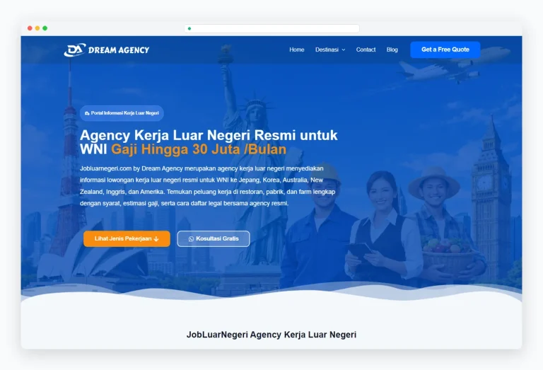 Tampilan website JobLuarNegeri Dream Agency