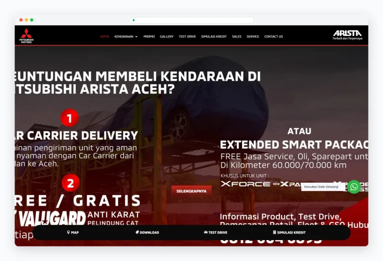 Tampilan website Dealer Mitsubishi Arista Aceh