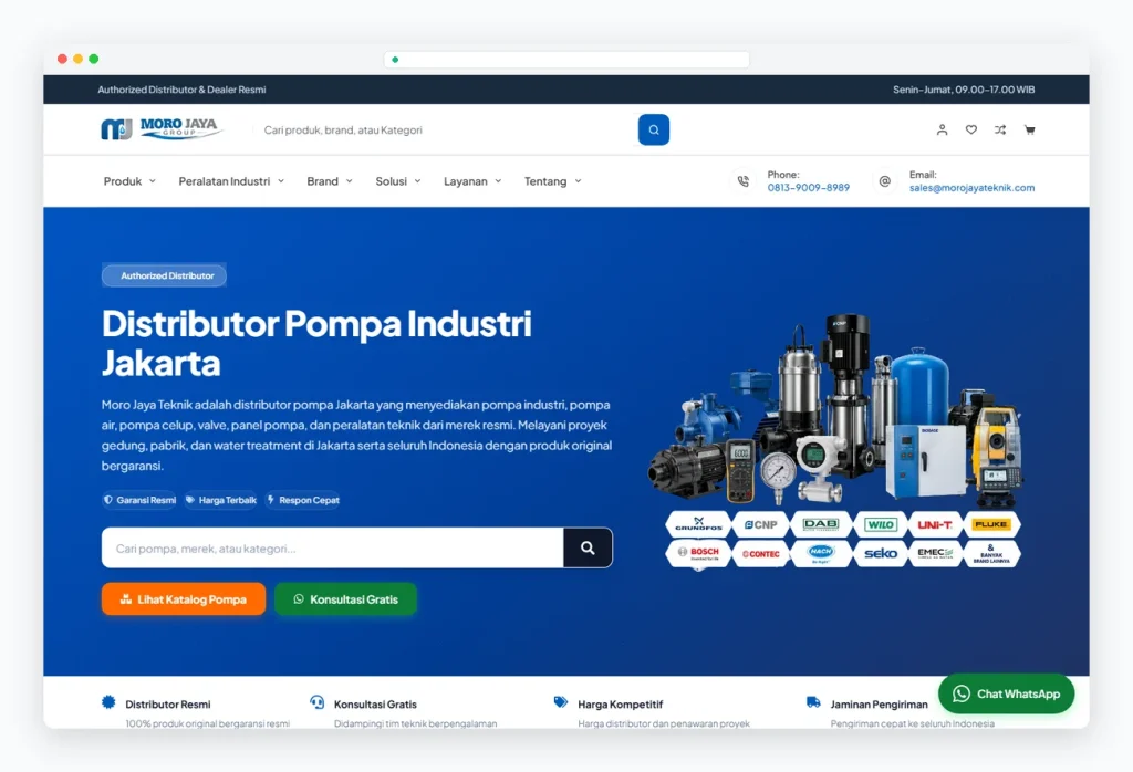 Contoh hasil jasa pembuatan website WordPress Webhandal untuk distributor pompa Moro Jaya Teknik