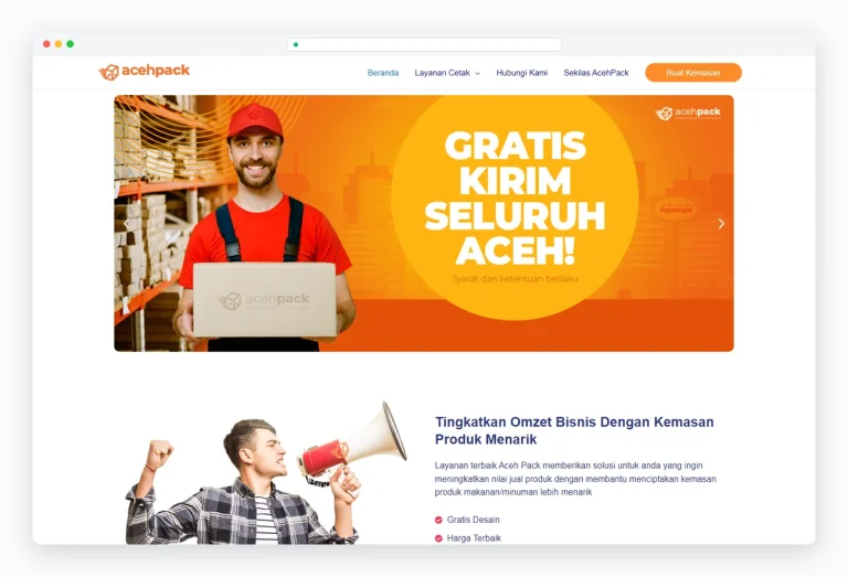 Tampilan website Aceh Pack Kemasan Dus